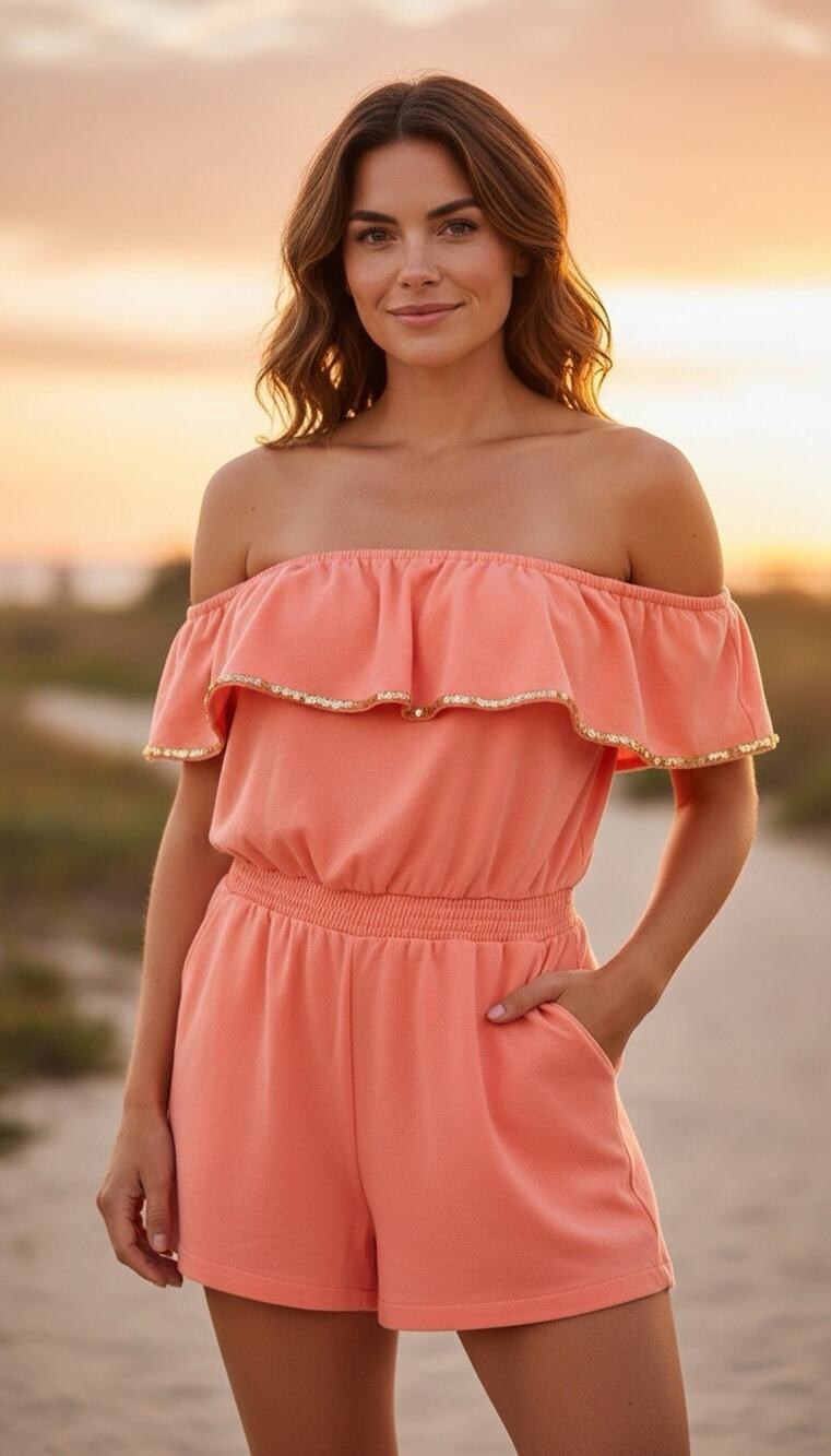 2b Bebe coral And Gold Sequin Coral Romper